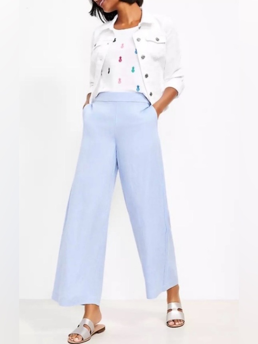 LOFT Light Blue Wide Leg Linen Blend Pull On Pants Summer Casual Size M Tall